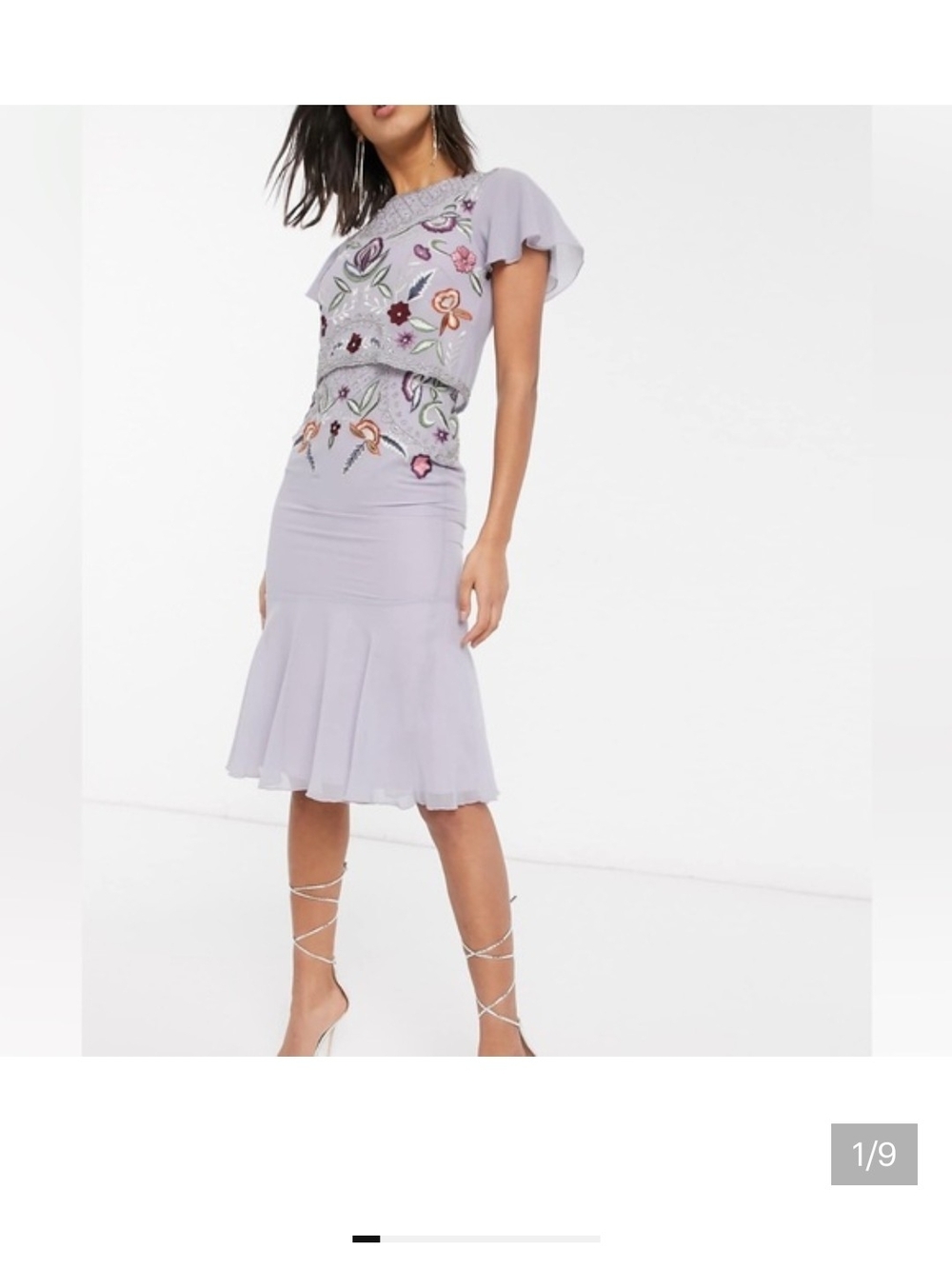 Frock And Frill Hand Embroidered Special Occasion Midi Dress with Fluted Hem